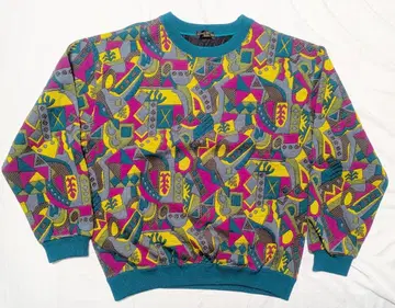 쇼와 레트로 컬러풀 기하학 패턴 니트 스웨터 비트 타케시 L