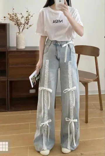 GRL 리본 레이스 프릴 와이드 데님 팬츠