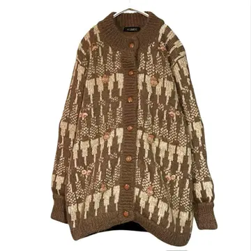 니트 가디건 브라운 꽃 자수 울 혼방 안감