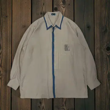 무지 배색 파이핑 셔츠 베이지 로고 자수 레트로 Y2K LL 남성용