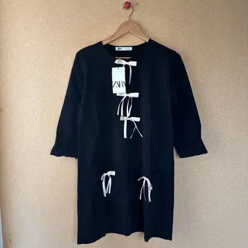 ZARA 블랙 7부 소매 원피스 리본 XL