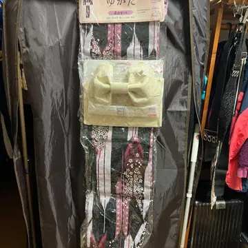 유카타 오비 세트 블랙 핑크 꽃무늬