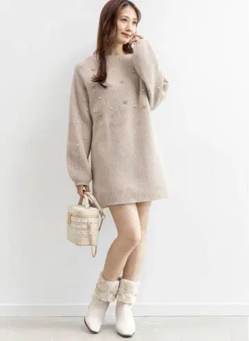RANDA 리본 x 펄 장식 미니 니트 원피스