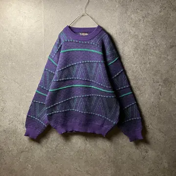 빈티지 아란 니트 보라색 일부 3D 올 패턴 구제 의류