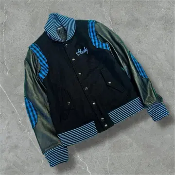 beams 소매 램 가죽 바시티 자켓 블랙, 파랑 체크 무늬 L