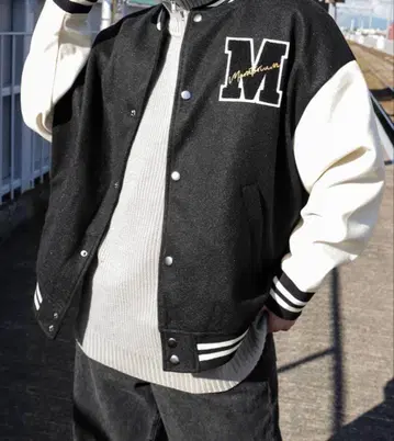 ZIP FIVE 바시티 자켓 L 블랙/화이트 M 로고 자수