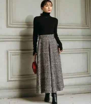 anuans 울 체크 트위드 플레어 스커트