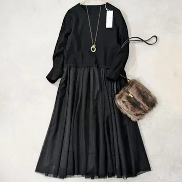 미사용 23구 튤 콤비 원피스 사이즈 44 워셔블 23KU 블랙