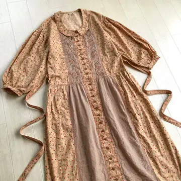 핑크하우스 꽃무늬 체크 무늬 패치워크 7부 소매 원피스