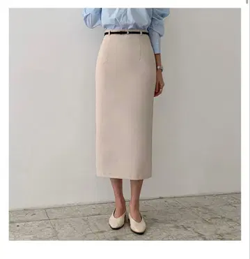 베이지 타이트 스커트 벨트 포함 롱 기장