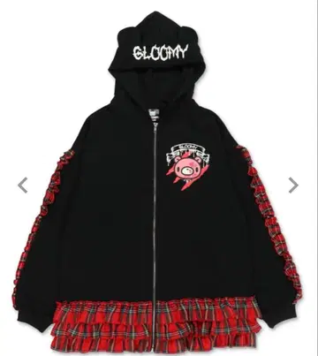 [ 그루미 x SPINNS ] 귀 달린 프릴 ZIP 후드티 - 블랙