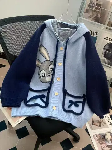 토끼 자수 후드 부착 니트 가디건