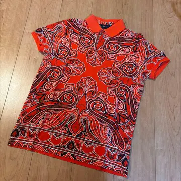 ETRO XS 오렌지 페이즐리 무늬 피케 셔츠