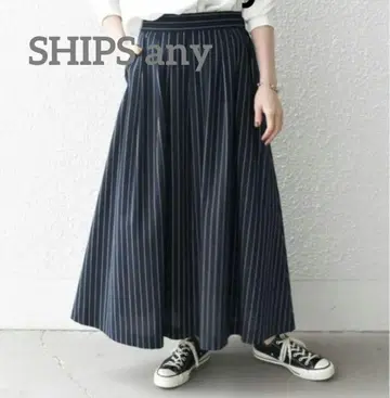 SHIPS any 스트라이프 롱 플레어 스커트 네이비 사이즈 38