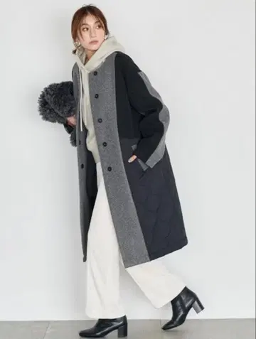huitieme nid/퀼팅 절개 바이컬러 롱 코트/S