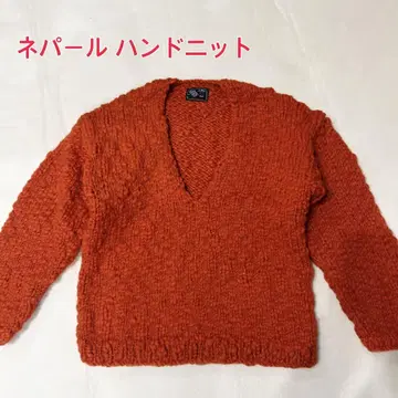 네팔 핸드 니트 언그리드 케이블 짜임 니트 V넥 극후면