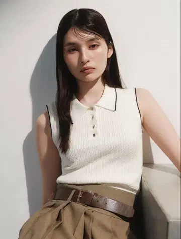 [택 포함 새상품] 슬리브리스 케이블 니트 폴로 아이보리 프레이 아이디