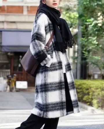 zootie/샤기 체크/노카라 코트/여유로운 오버 사이즈/F