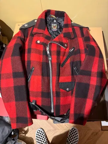 Schott 더블 라이더 자켓 38 빨간색 블랙 체크