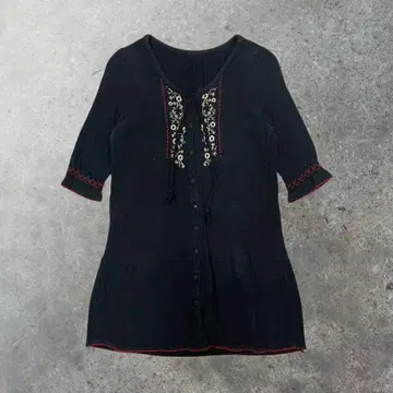 민족 블랙 블라우스 자수 면 100% 태슬 에스닉