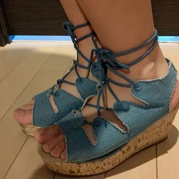 데님 웨지솔 샌들