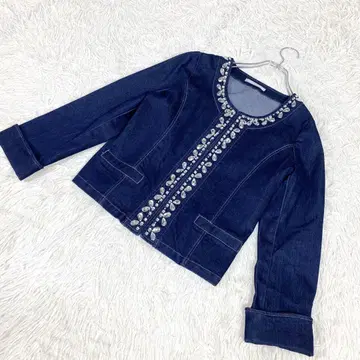 데님 자켓 노카라 비쥬 프론트 후크 M 사이즈