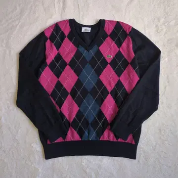 라코스테 니트 스웨터 아가일 V넥 울 네이비 천축 남성용