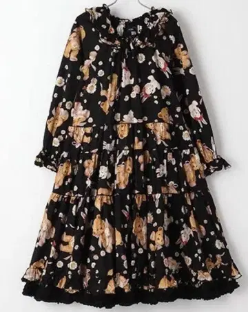 핑크하우스 히나기쿠 론도 프린트 미디 원피스 토끼 곰