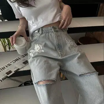 size adjust motif lace loose denim PT