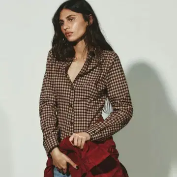 ZARA 브라운 체크 무늬 긴팔 셔츠 M