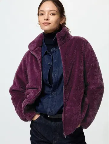 유니클로 퍼 리프 플리스 풀집업 자켓 퍼플