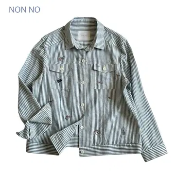 NON NO 자수 스트라이프 코튼 셔츠 마드모아젤 논논 파파스