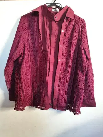 쿄코 히가 버건디 레이스 편직 긴팔 셔츠 LL