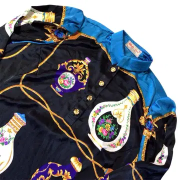 빈티지 올 패턴 스카프 골드 버튼 풀오버 셔츠 광택 멀티 프리