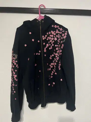 벚꽃 자수 풀 집업 후드티 블랙 일본풍 패턴