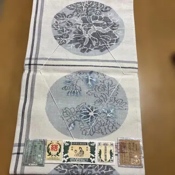 꽃무늬 나고야 오비 파란색과 화이트 컬러 혼바 유키쓰무기 직조