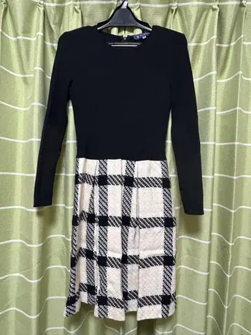 M'sGRACY 블랙 화이트 체크 무늬 긴팔 원피스 사이즈 38