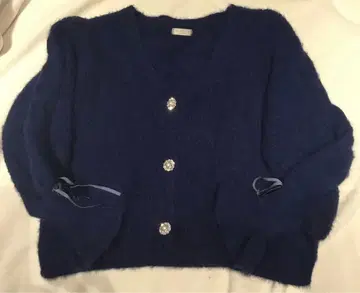 엑시즈팜 복슬복슬 가디건 니트 네이비 프릴 리본 히메 스타일