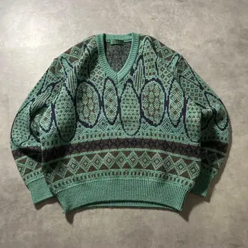 빈티지 V넥 올 패턴 기하학 V넥 레트로 디자인 니트 스웨터