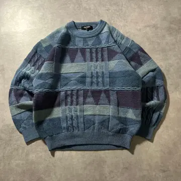 빈티지 올 패턴 기하학 블루 케이블 절개 레트로 니트 스웨터