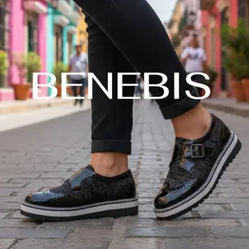 [새상품급] BENEBIS 스트랩 펌프스 23.5 블랙 에나멜 통굽