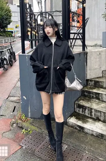 더블 지퍼 미들 기장 샤기 블루종