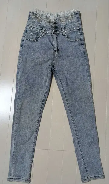 레이스 비즈 장식 하이웨스트 반짝이 스키니 데님