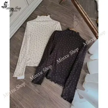꽃무늬 하이넥 긴팔 상의 (화이트, 브라운) 2종 세트