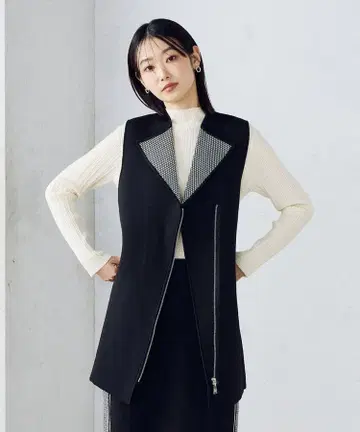 컴시즘 여성용 블랙 롱베스트 지퍼 달린 체크 무늬 새상품