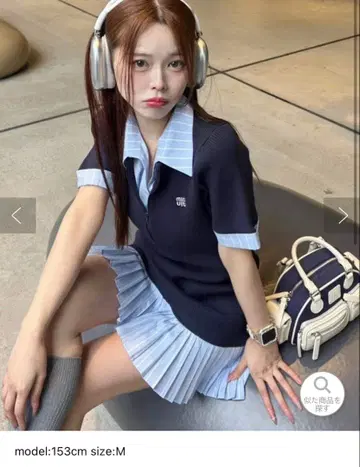 NICE CLAUP 도킹 플리츠 반팔 원피스 네이비 x 블루