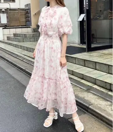 NICE CLAUP 수채화 패턴 보우다이 원피스 핑크