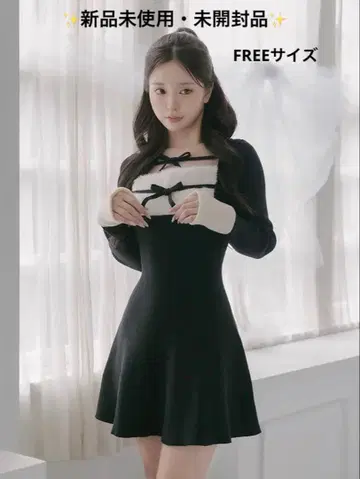 다리치 리본 퍼 플레어 니트 미니 원피스