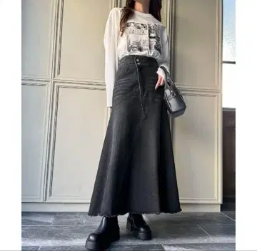 JUNOAH 아지메 디자인 데님 머메이드 스커트 블랙 XL