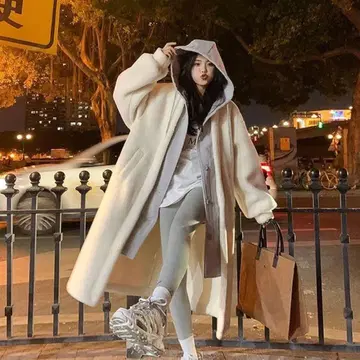 후드 롱 코트 화이트 레이어드 보아 플리스 방한 블루종 후디 복슬복슬